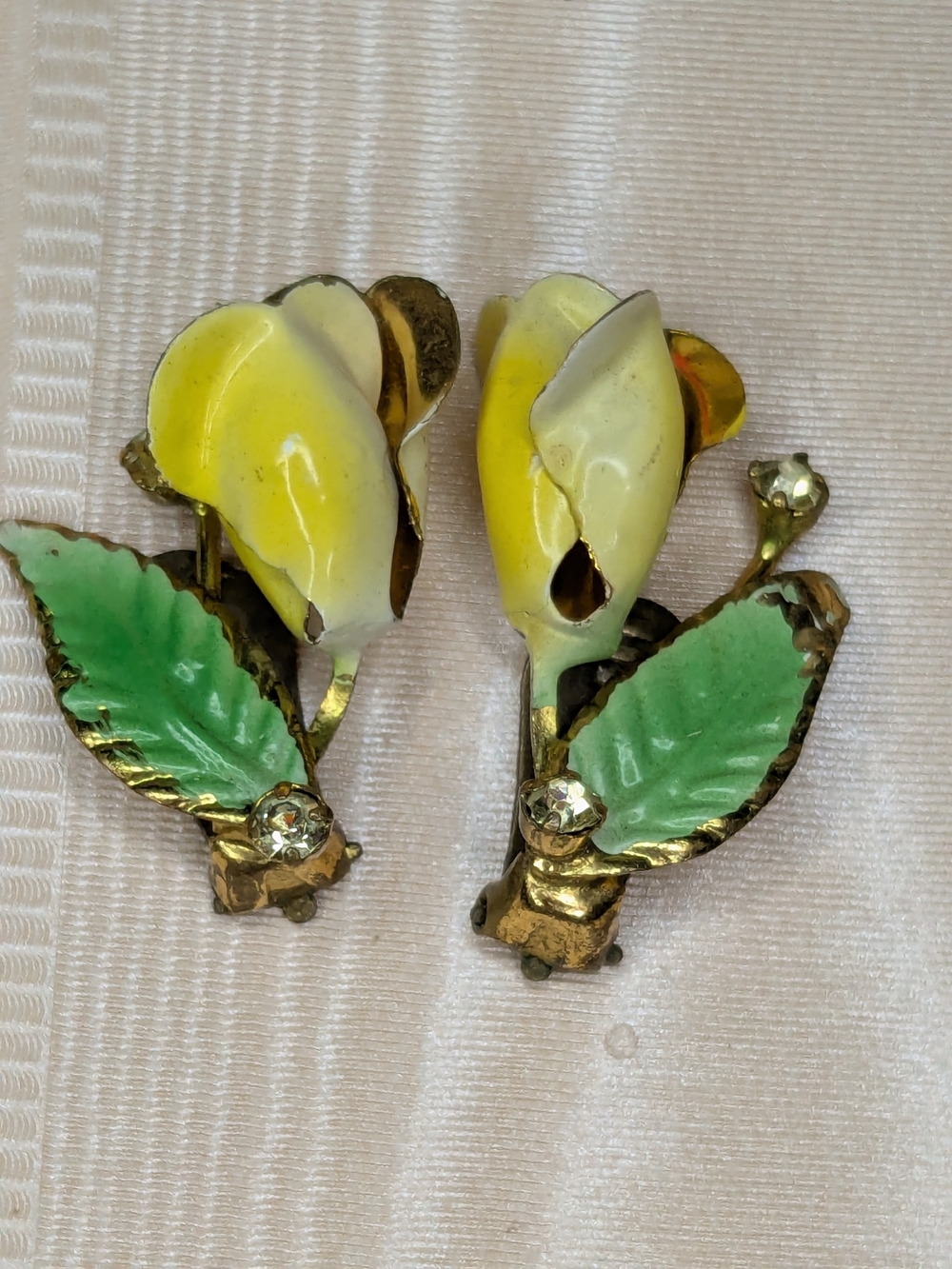 Vintage 50s Austria Yellow Rose Enamel Earrings Crystal Floral Clip-on MCM